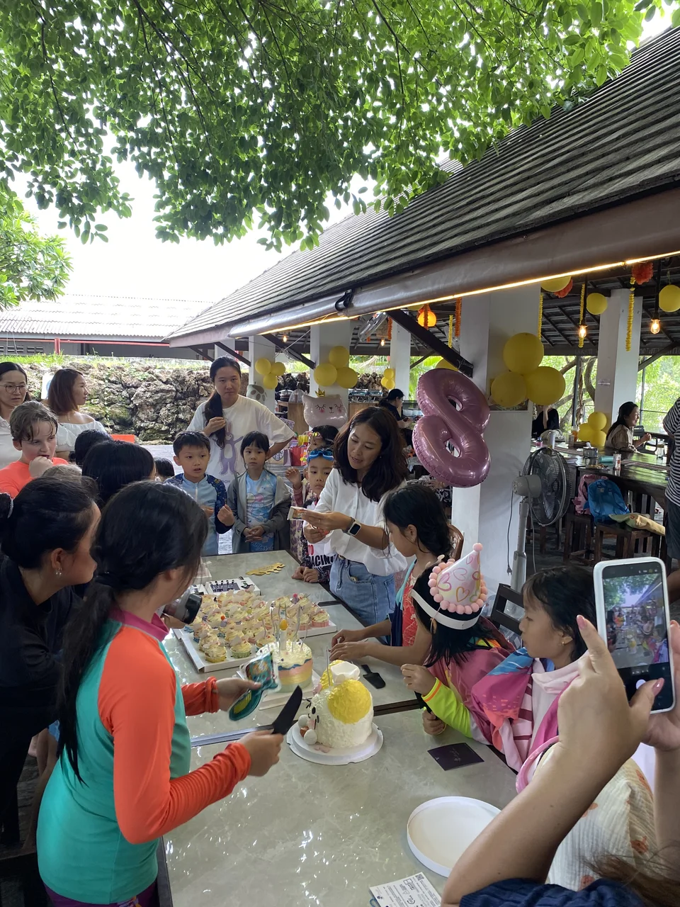 Families and children gathering around a birthday cake at an outdoor table