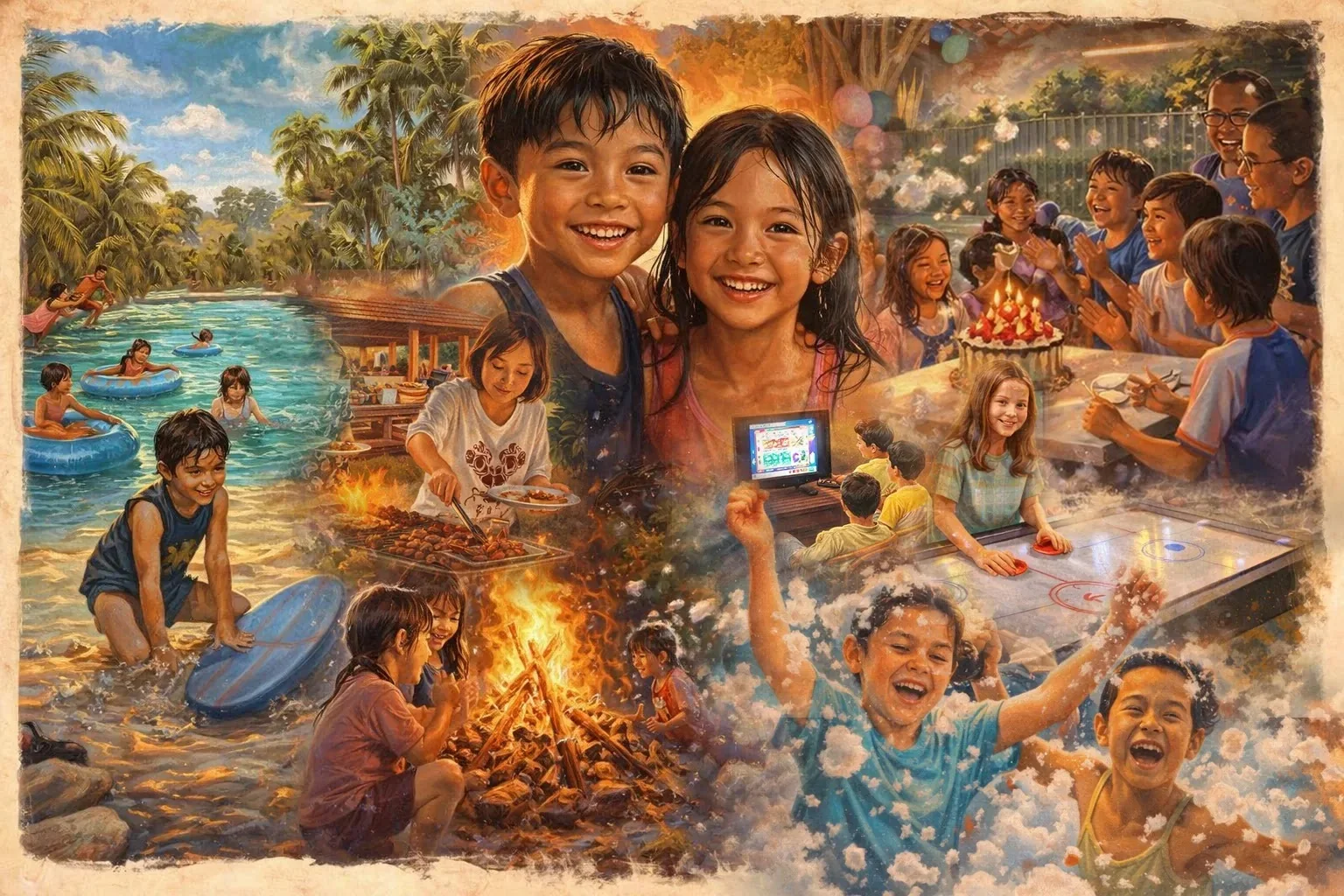 Beaver Club birthday illustration with children, pool games, birthday cake and family activities.