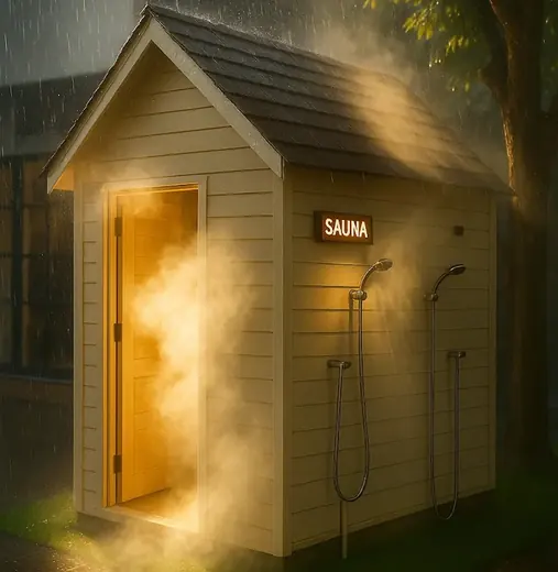 Small wooden cabin marked Sauna, with warm light and steam near the doorway.