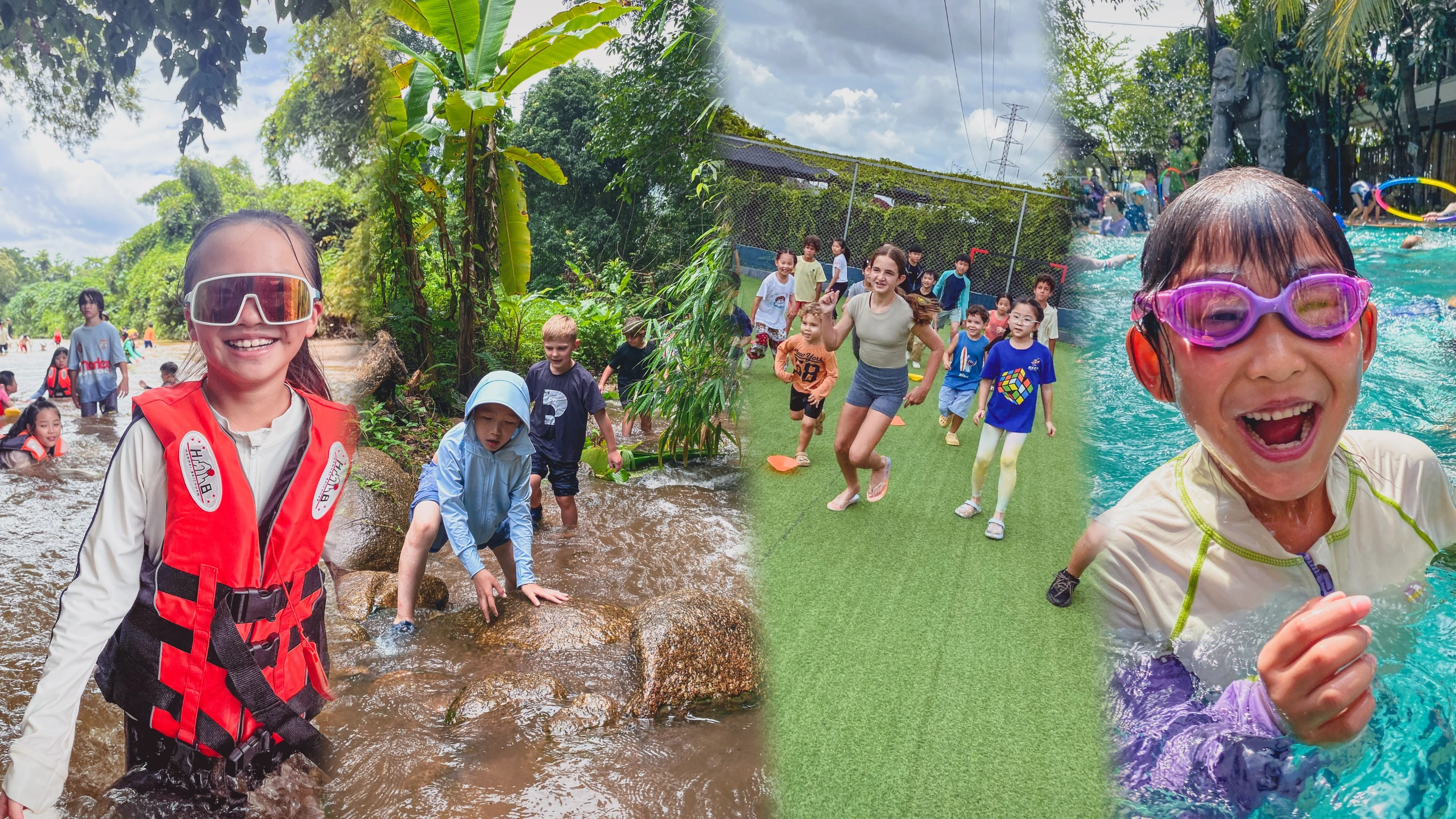 Beaver Club campers enjoying river adventures, a forest hike, group games and swimming in Chiang Mai