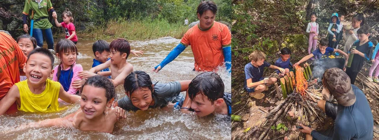 Children cooking food in bamboo tubes over an outdoor fire