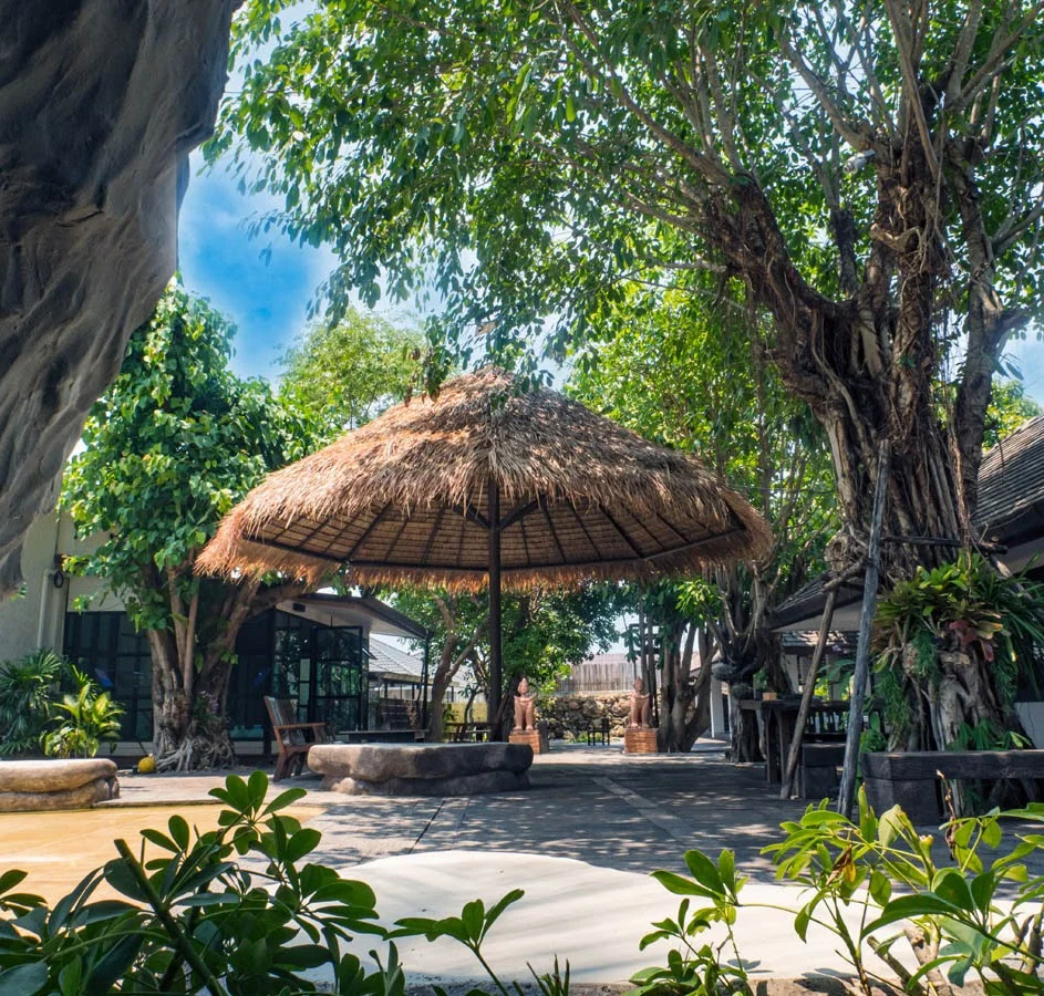 A thatched garden pavilion surrounded by trees at Beaver Club