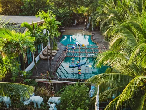 Swimming pool surrounded by palms at Beaver Club